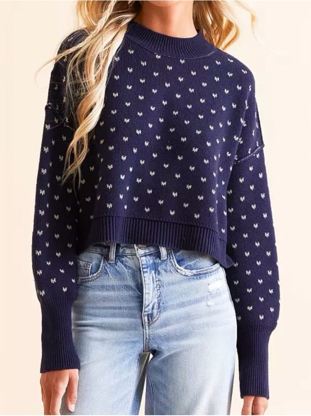 Free People Easy Street Navy Heart Cropped Crewneck Sweater M L XL